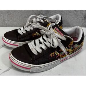 Converse Leather Low Top Sneakers Women 9.5 Brown Floral Bird Embroidered Fair